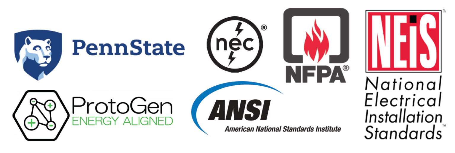 Logos of our partners including Penn State, NEC, NFPA, NEIS, ProtoGen and ANSI.